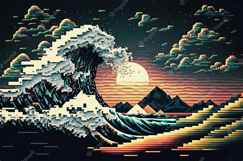 Premium Photo Pixel Art Of A Wave And The Sunset