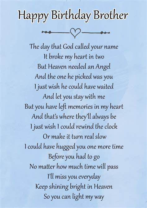 Happy Birthday Brother Memorial Graveside Poem Keepsake Card Includes