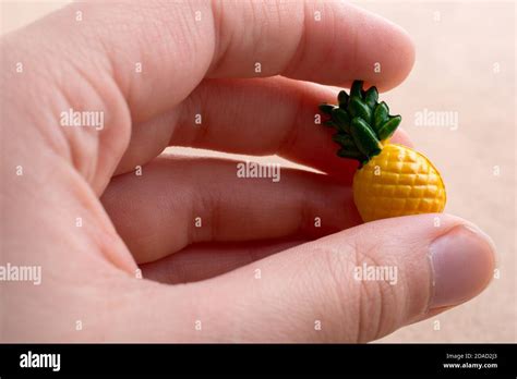 Hand Holding A Tiny Pineapple Miniature On A Background On Display