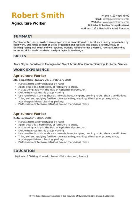 Agriculture Worker Resume Samples | QwikResume