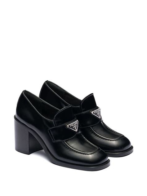 Prada Block Heel Brushed Leather Loafers Black Farfetch