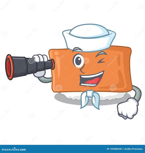 Sailor With Binocular Inari Sushi Is Served Cartoon Board Stock Vector