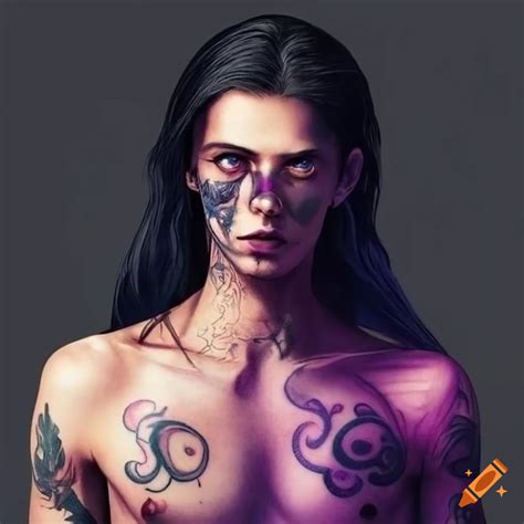 Intriguing Man With Purple Eyes Long Black Hair And Purple Tattoos On