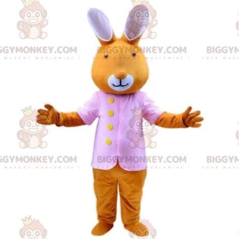 Costume De Mascotte Biggymonkey De Lapin Orange Avec Une Veste Rose