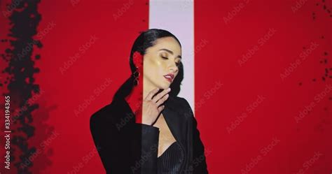 Beautiful Caucasian Brunette Stylish Female Model Posing To Camera At Photoshoot Or Videoshoot
