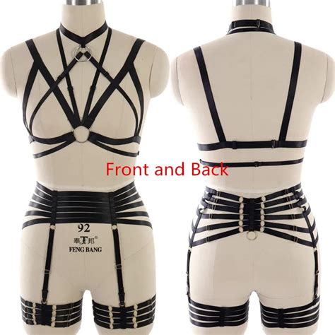 Women Black Body Harness Neck Strap Adjust Lingerie Set Full Body