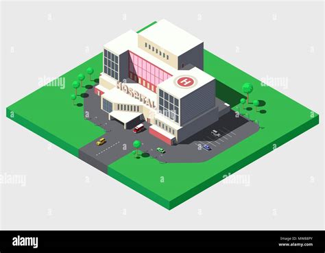 Modern hospital building with ambulance car, vector isometric ...