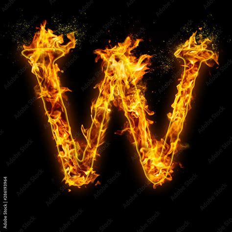 Letter W Fire Flames On Black Isolated Background Realistick Fire