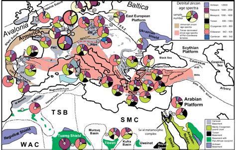 Map is showing the recent outlines of Europe with the different age ...