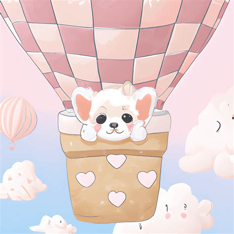 Cute Pastel Puppy On Pink Hot Air Balloon · Creative Fabrica