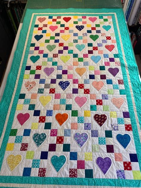 Heart And Nine Patch Quilt Throw Size Etsy In 2024 Nine Patch Quilt