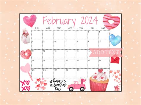 Editable February Calendar 2024 Printable Wall Calendar 2024 Cute