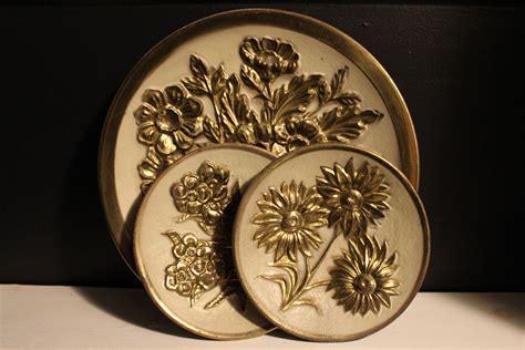 Set Of 3 Embossed Brass Wall Plates With Flowers Vintage Etsy Brass Wall Hanging Plates On