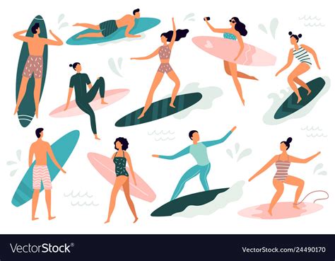 Surfing People Surfer Standing On Surf Board Vector Image