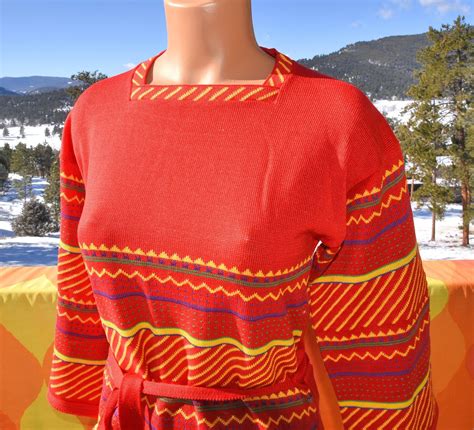 Vintage 70s Women Sweater STRIPE Square Neck Belt Red Medium Etsy In