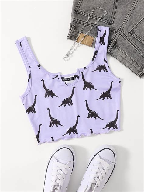 Shein Ezwear Top Tank Con Estampado De Dinosaurio De Borde En Forma De