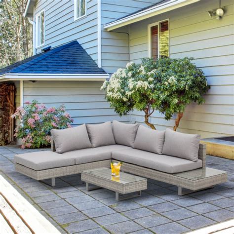 Outsunny Rattan Wicker Corner Sofa Set Light Grey 5 Seater