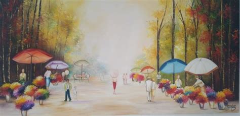 A Painting Of People With Umbrellas In The Park