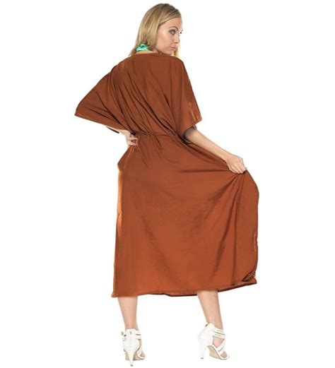 Beachwear Dresses Kimono Caftan Embroidered Tunic Maxi Long Bikini Cover Up L X Brown