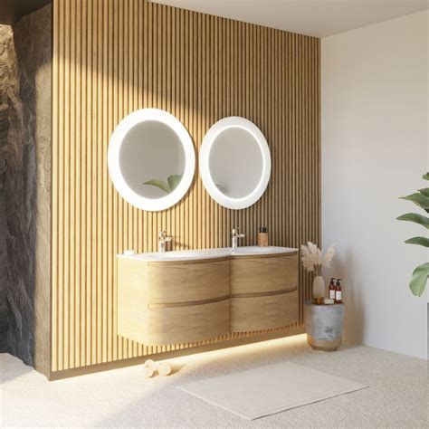 Mobile Bagno Sospeso Curvo Da Cm In Rovere Doppio Lavabo In Resina