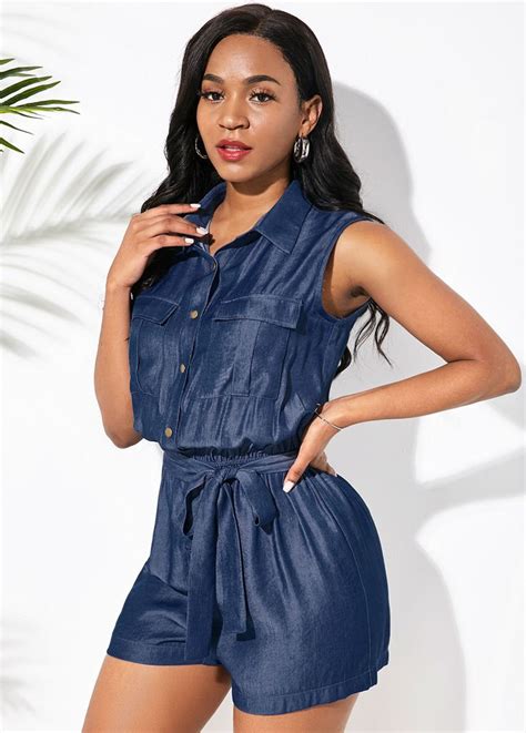 ROTITA Button Up Belted Faux Denim Romper Rotita USD 36 72