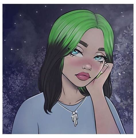 A Drawing Of A Woman With Green Hair And Blue Eyes Holding Her Hand To Her Face