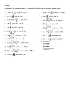 Ap Statistics Sample Confidence Intervals Homework Worksheet Tpt