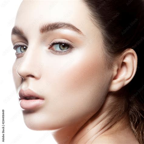 Close Up Beauty Model Girl Prety With Clean Skin Natural Lips Nude