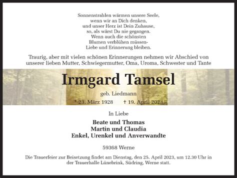 Traueranzeigen Von Irmgard Tamsel Sich Erinnern De