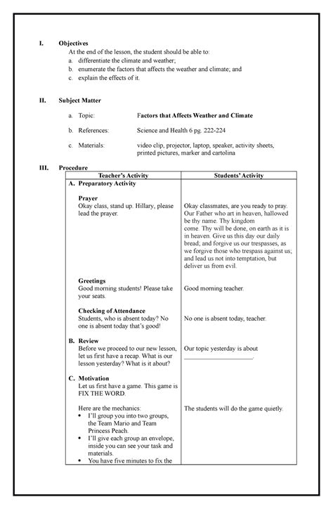 1. Factors that Affects the Weather and Climate - I. Objectives At the