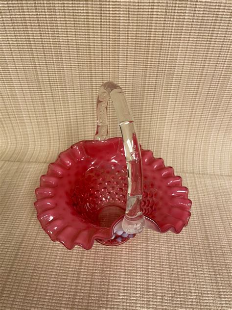 Fenton Cranberry Opalescent Hobnail Basket Salado Creek Antiques