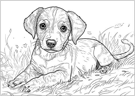 Jeune chiot allongé Coloriages de Chiens à imprimer pour adultes