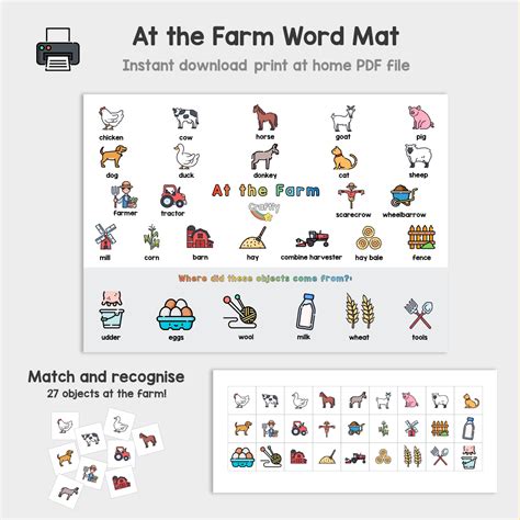 Printable Farm Word Mat And Matching Activity