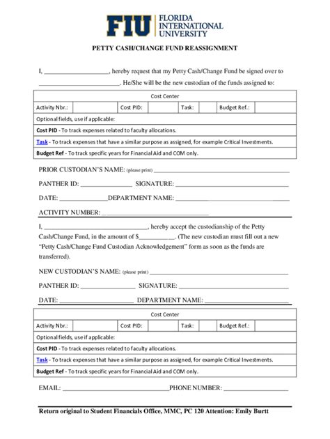 Fillable Online PETTY CASH CHANGE OF CUSTODIAN FORM Fax Email Print