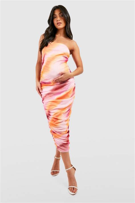 Maternity Bandeau Ruched Tie Dye Midaxi Dress Boohoo Uk