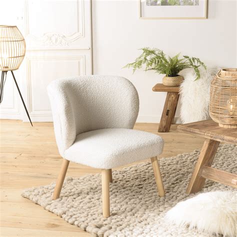 Albane Fauteuil En Tissu Bouclette Blanc Pieds En Bois