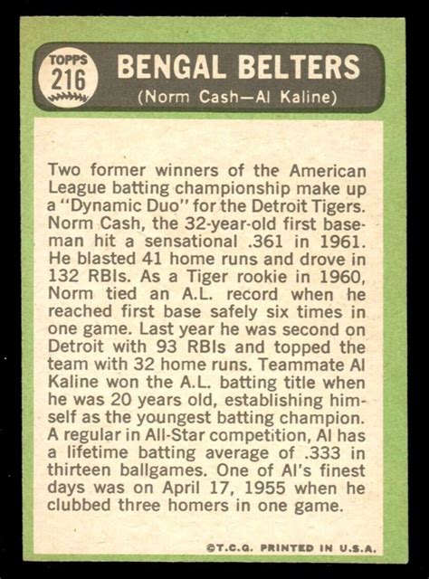 1967 TOPPS MLB Baseball 216 Norm Cash Al Kaline HOF EX NM Detroit