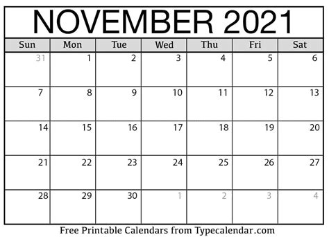 Free Printable November 2021 Calendars