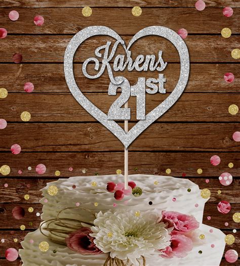 Heart Custom Name 21st Glitter Cake Topper 21st Birthday Cake Etsy