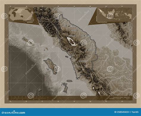 Sumatera Utara Indonesia Sepia Labelled Points Of Cities Stock