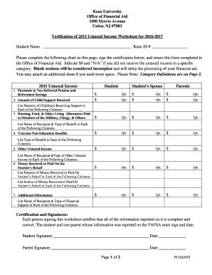 Fillable Online Kean Verification Of 2015 Untaxed Income Worksheet For