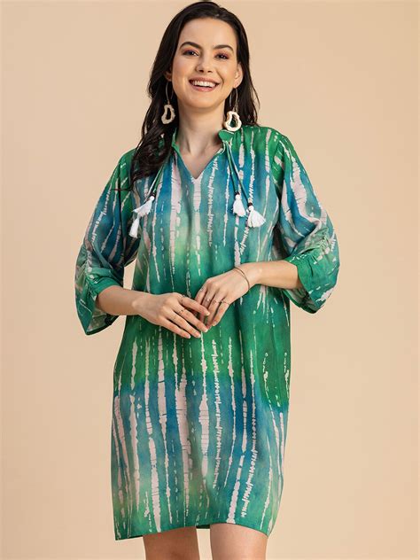 Buy Moomaya Printed Three Quarter Sleeves Tie Up Neck A Line Dress