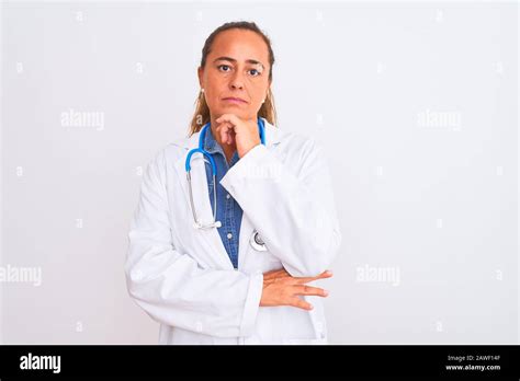 Middle Age Mature Doctor Woman Wearing Stethoscope Over Isolated
