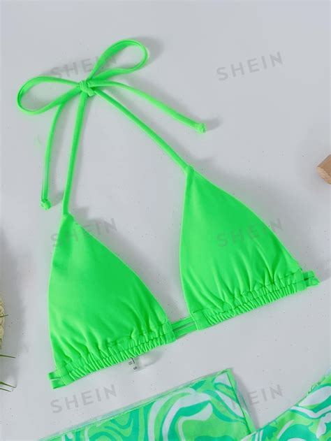 Shein X Hangout Fest Shein Swim Ver O Praia Halter Tri Ngulo Neon Topo Gravata Lateral Bikini