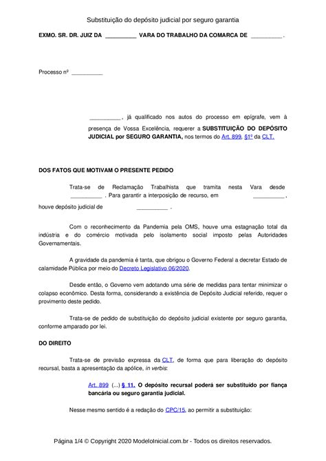 Modelo Substituição do depósito judicial por seguro garantia