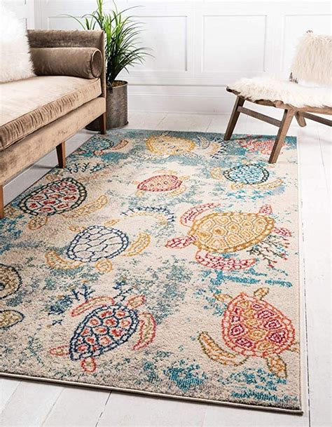 Unique Loom Positano Collection Coastal Modern Turtles Beige Area Rug