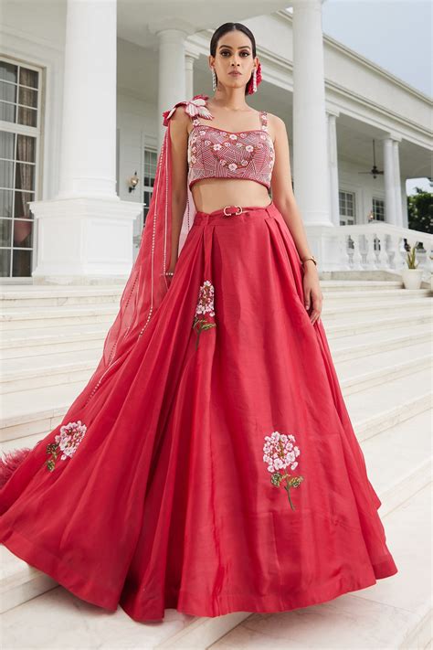 Buy Red Organza Embroidery Cutdana Sweetheart Neck Lehenga Set For