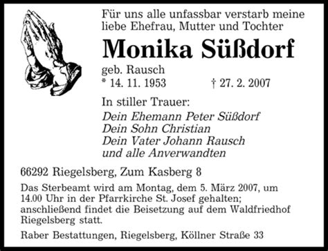 Traueranzeigen Von Monika S Dorf Saarbruecker Zeitung Trauer De