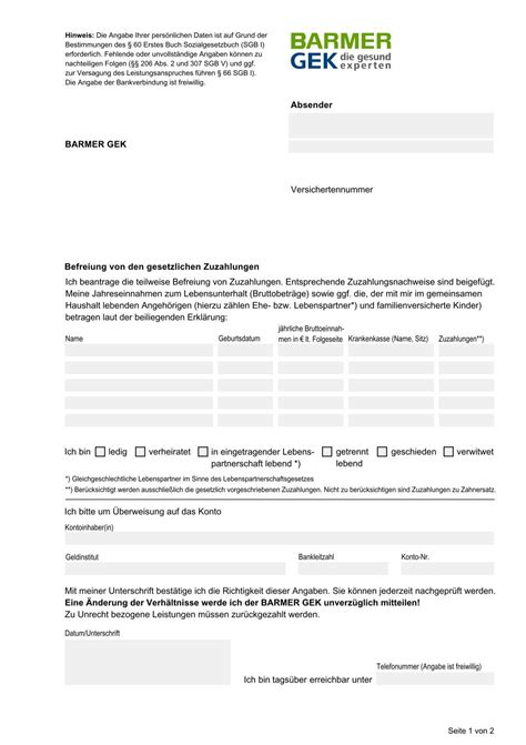 Antrag Zuzahlungsbefreiung Barmer GEK