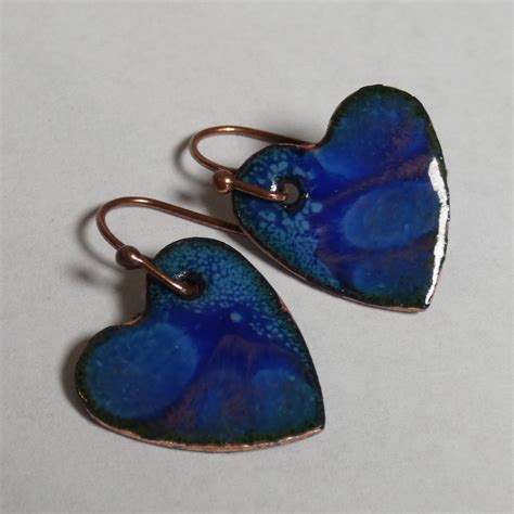 Enameled Copper Earrings Cobalt Blue And Rose Pink Hearts Etsy